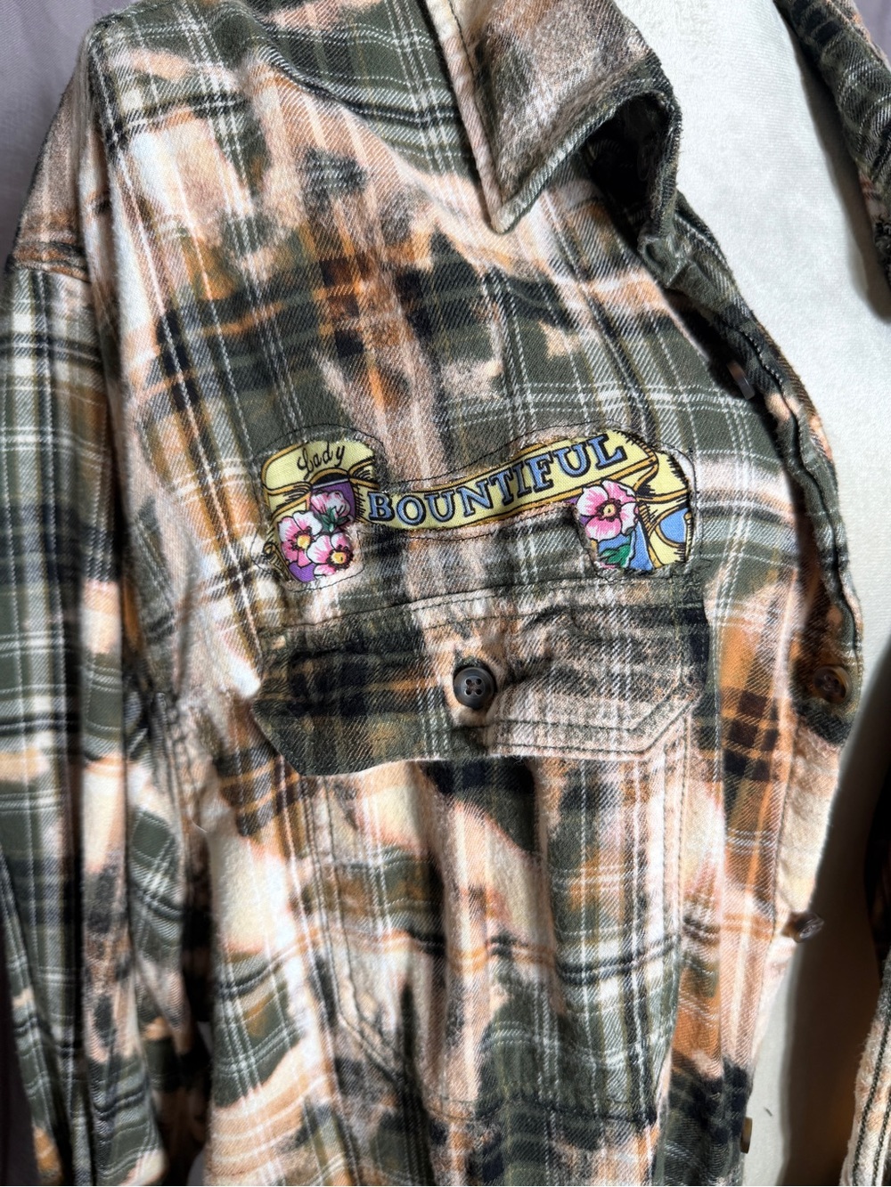 Up-cycled Plaid Flannel Shirt with Vintage Garden Graphic Patch Back - Picture 3 of 10